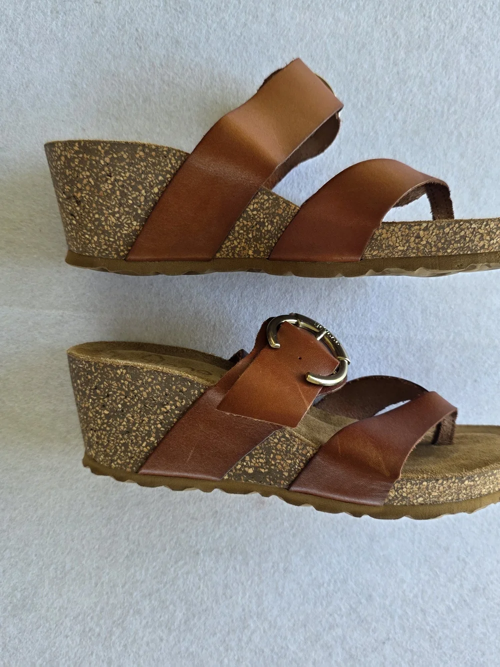 Yokono Cottagecore Brown Leather Buckle Wedge Sandals